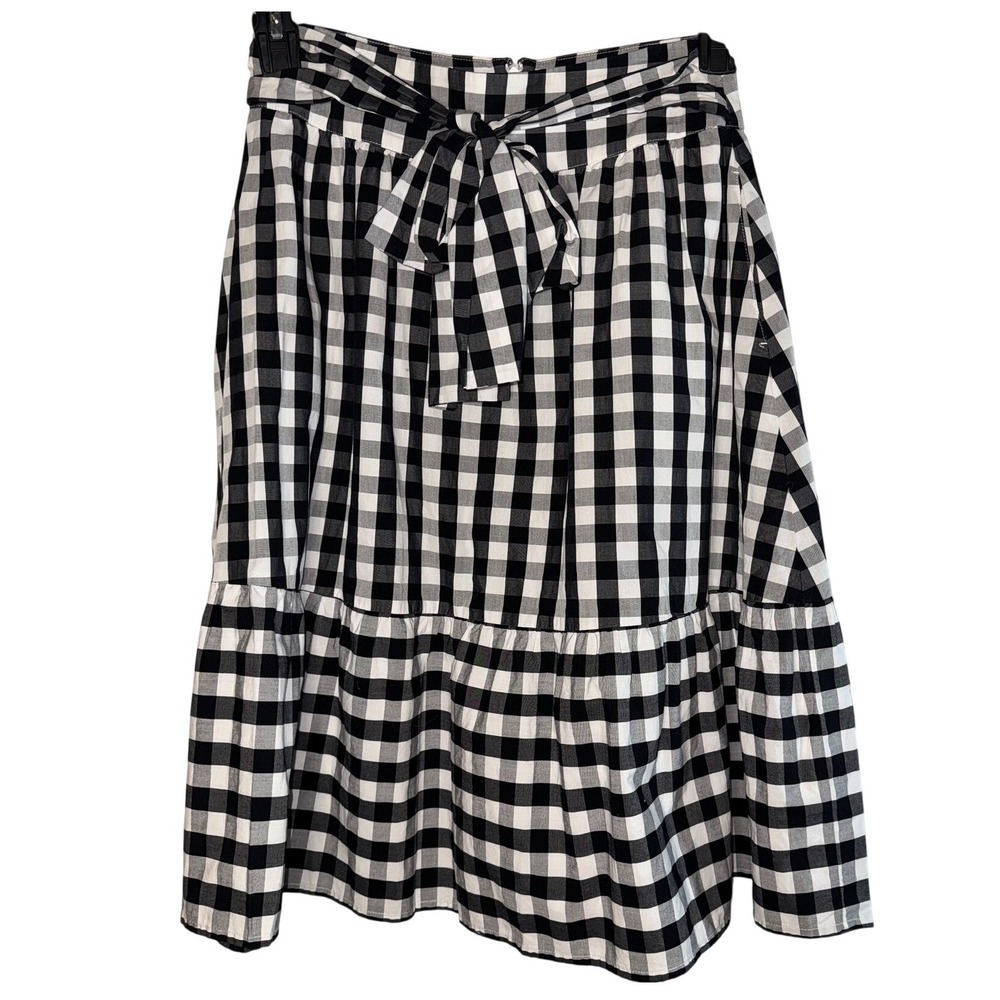 Gingham Midi Skirt‎ Black White Checkered Tie Waist Ruffle Hem Casual S J.Crew